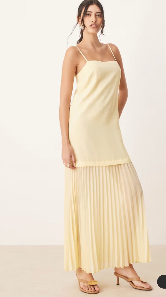ASOS DESIGN dropped waist pleated skirt cami midi dress in lemon yellow