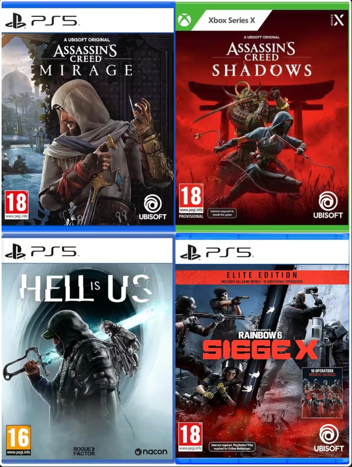 Assassin's Creed Mirage (PS5) or Hell is Us (PS5) / Assassin's Creed Shadows (Xbox SeriesX) 20 or Tom Clancy's Rainbow Six Siege X (PS5) €10