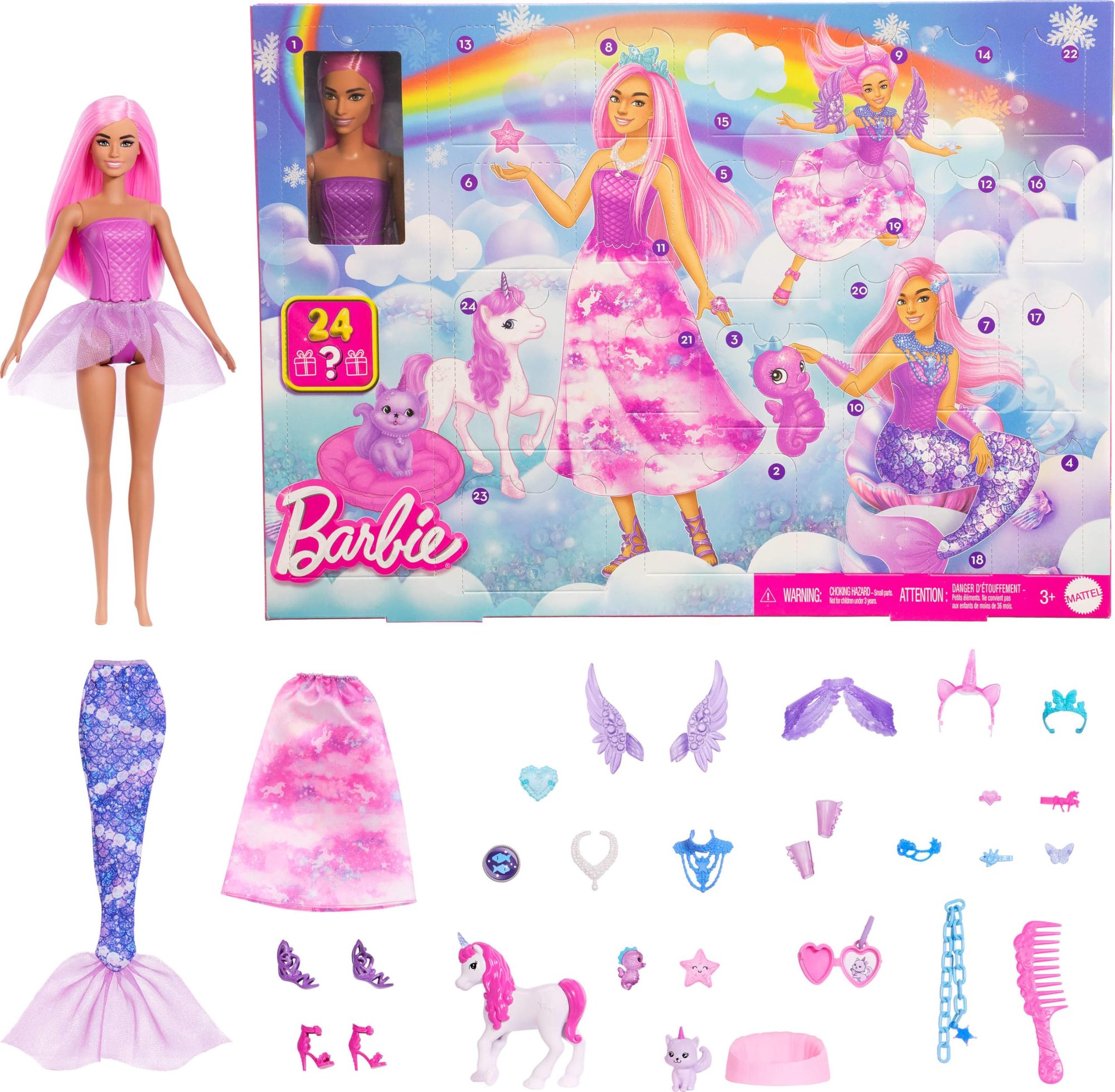 Barbie Advent Calendar with Doll & 24 Surprise Toy Accessories Including Unicorn & Pets, Transform Fashion Doll into Mermaid, Fairy & More
