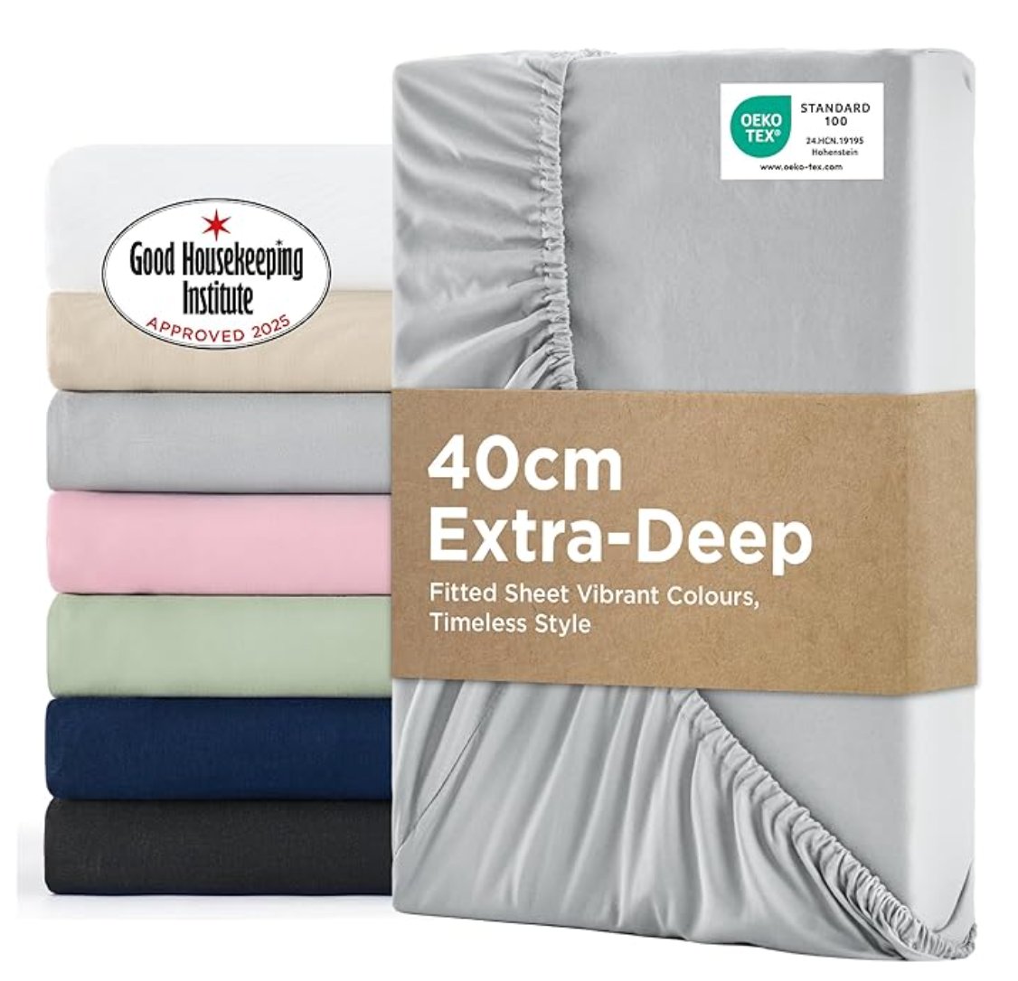 Bedsure Double Fitted Sheet Deep - Bed Sheets Extra Deep Pocket 16 inch (40 cm) made of Soft Brushed Microfiber for Double Bed, Grey, 135x190cm