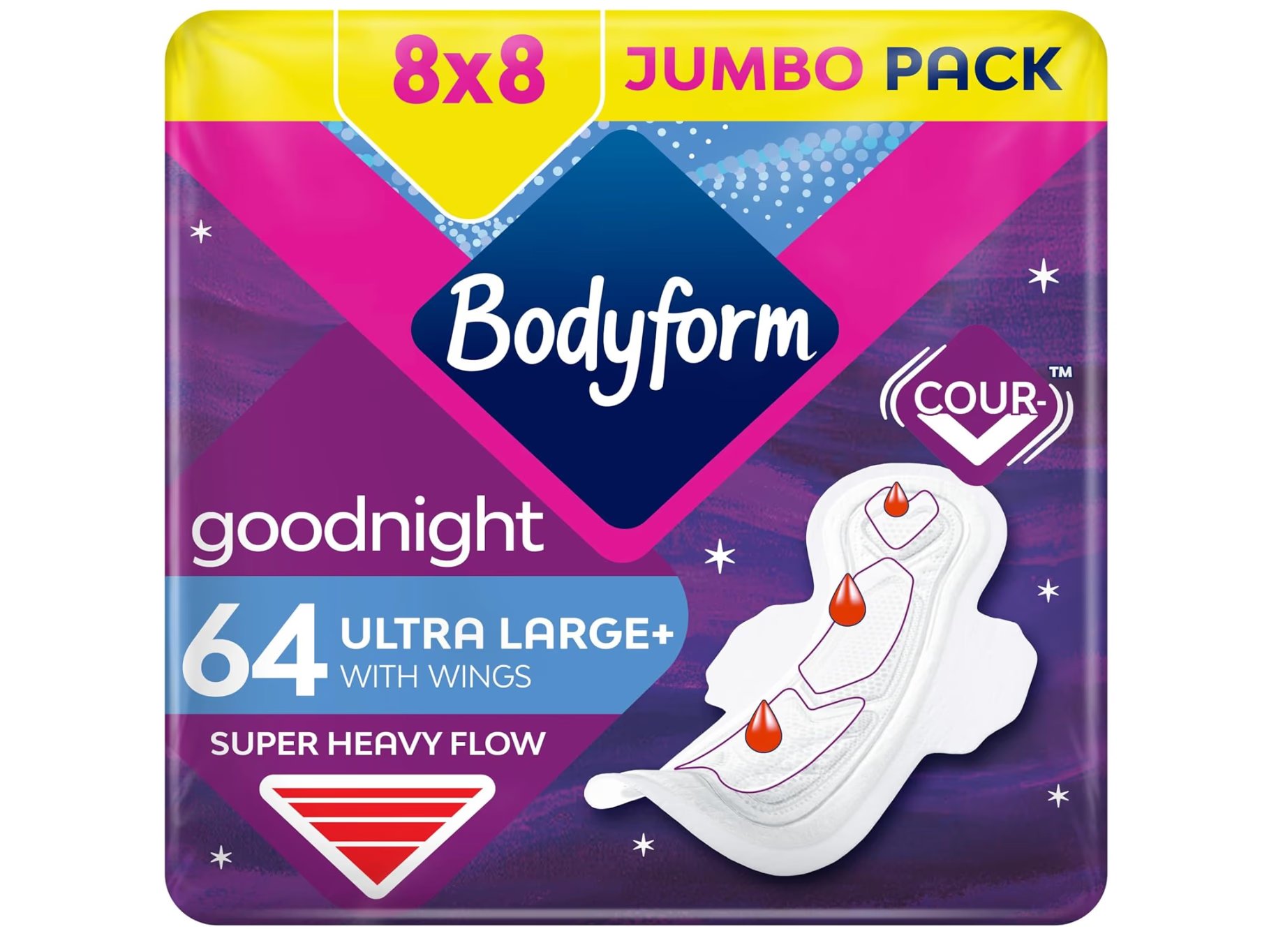 Bodyform Ultra Goodnight Sanitary Towels with Wings, 64 (8 x 8 Packs) Period Pads for Night use, SecureFit Leakage Protection, Ultra-Breathable Top Layer