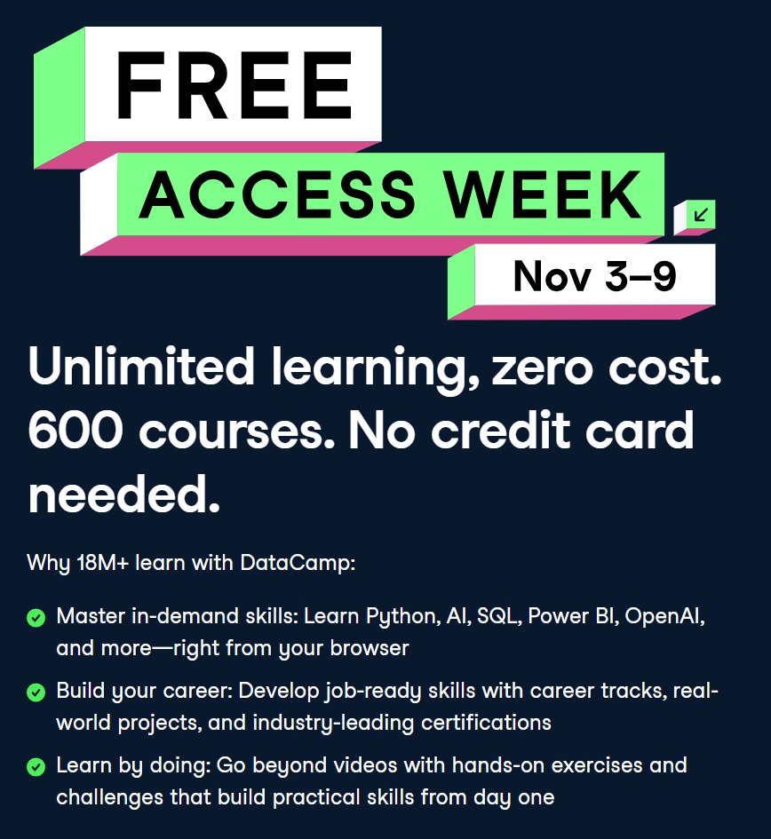 Datacamp - Free Week - Unlimited Free Courses - Master in-demand Skills: Learn Python, AI, SQL, Power BI, OpenAI
