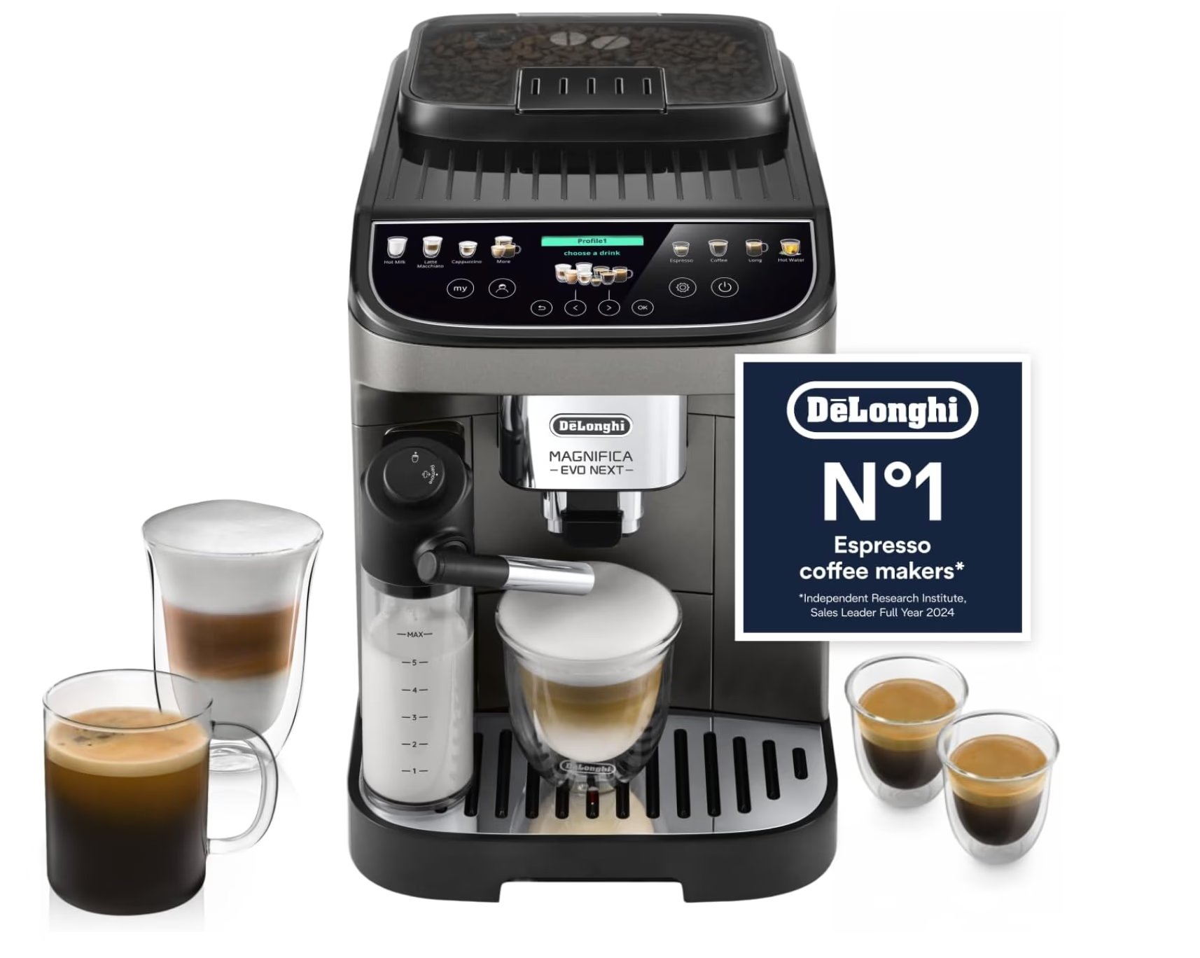 De'Longhi Magnifica Evo Next ECAM312.80.TB, Automatic Coffee Machine With Automatic Milk Frother, Bean To Cup Coffee and Cappuccino Machine with Intuitive Touch Display, Black/Titanium