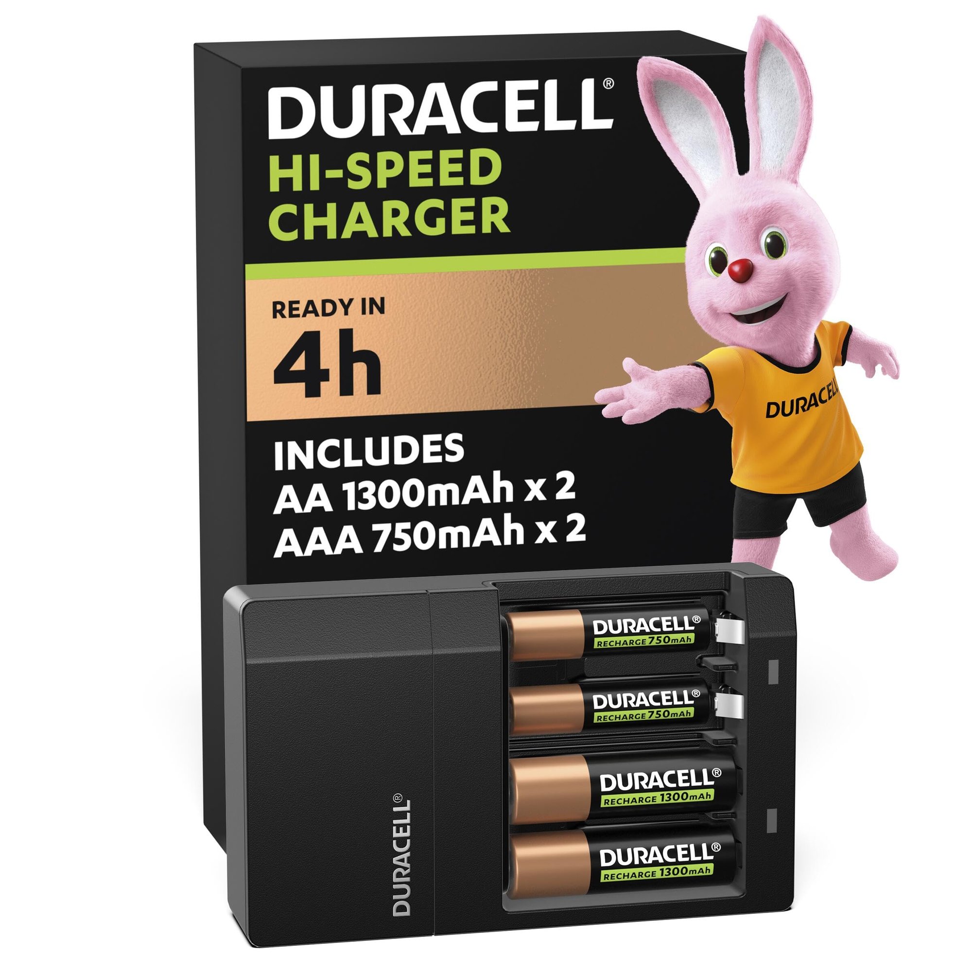 DURACELL Hi-Speed Battery Charger, with free 2x AA 1300 mah and 2x AA 750mah Rechargeable Batteries Included