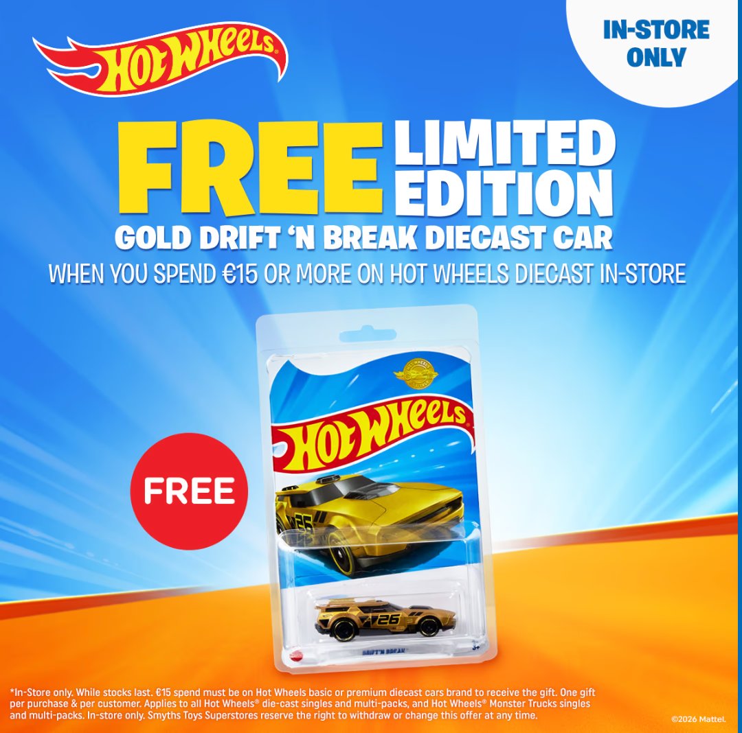 Free Limited Edition Hot Wheels Gold Drift 'n Break Car When You Spend €15 on Hot Wheels Diecast (In-Store)