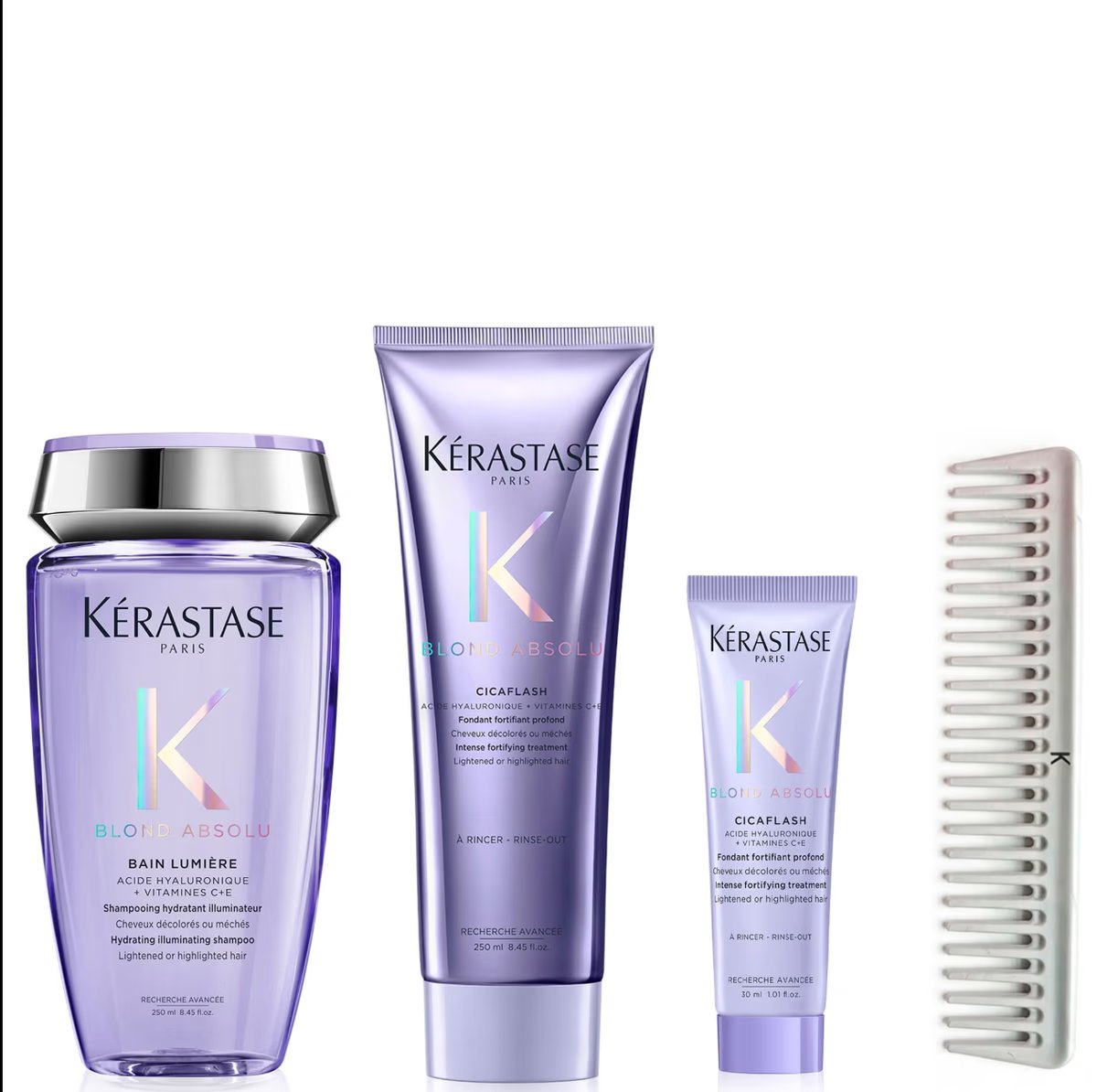 Kerastase Blond Absolu Shampoo & Conditioner with Travel Size Cicaflash & Kerastase Detangler Comb