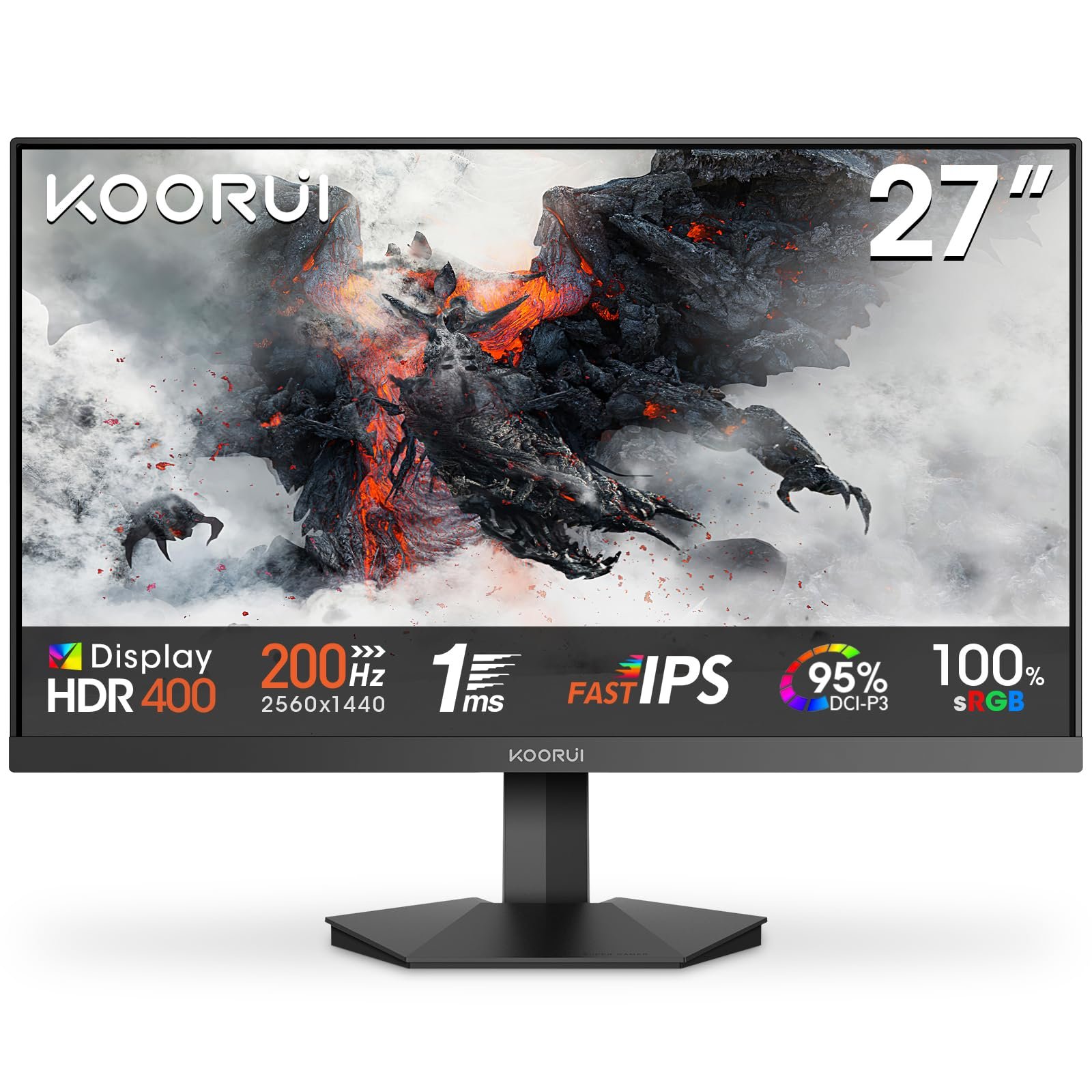 KOORUI G2721P 27" Gaming Monitor, 200Hz, Fast IPS, QHD 1440P, 1ms, HDR 400, Adaptive Sync, VESA Mountable, HDMI/DP