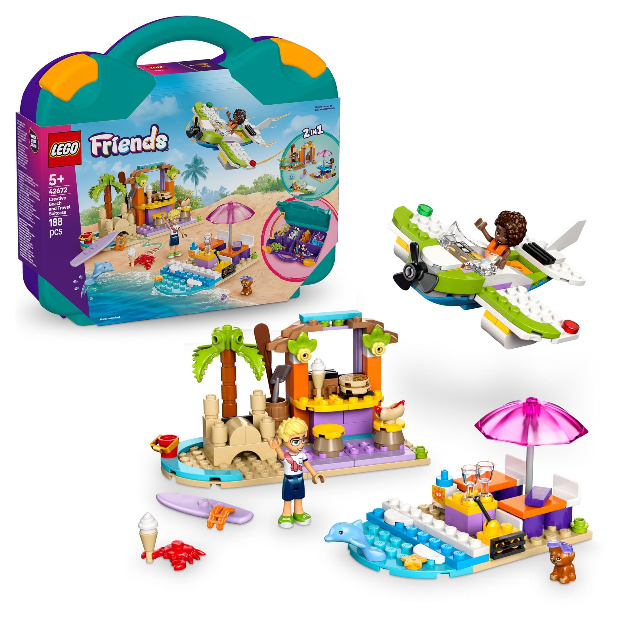 LEGO Friends 2in1 Creative Beach and Travel Suitcase Set for Kids, with a Plane Toy, 2 Mini Dolls, Dog & Dolphin Figures, Birthday 42672