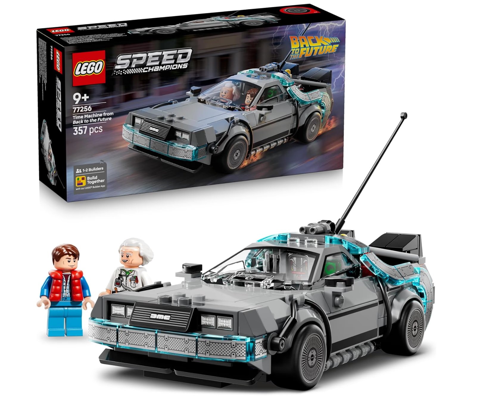 LEGO Speed Champions Time Machine from Back to the Future Toy - Car Model Kit w/Doc Brown & Marty McFly Minifigures - Gift for 9+ Year Old Boys, Girls & Movie Fans - 77256