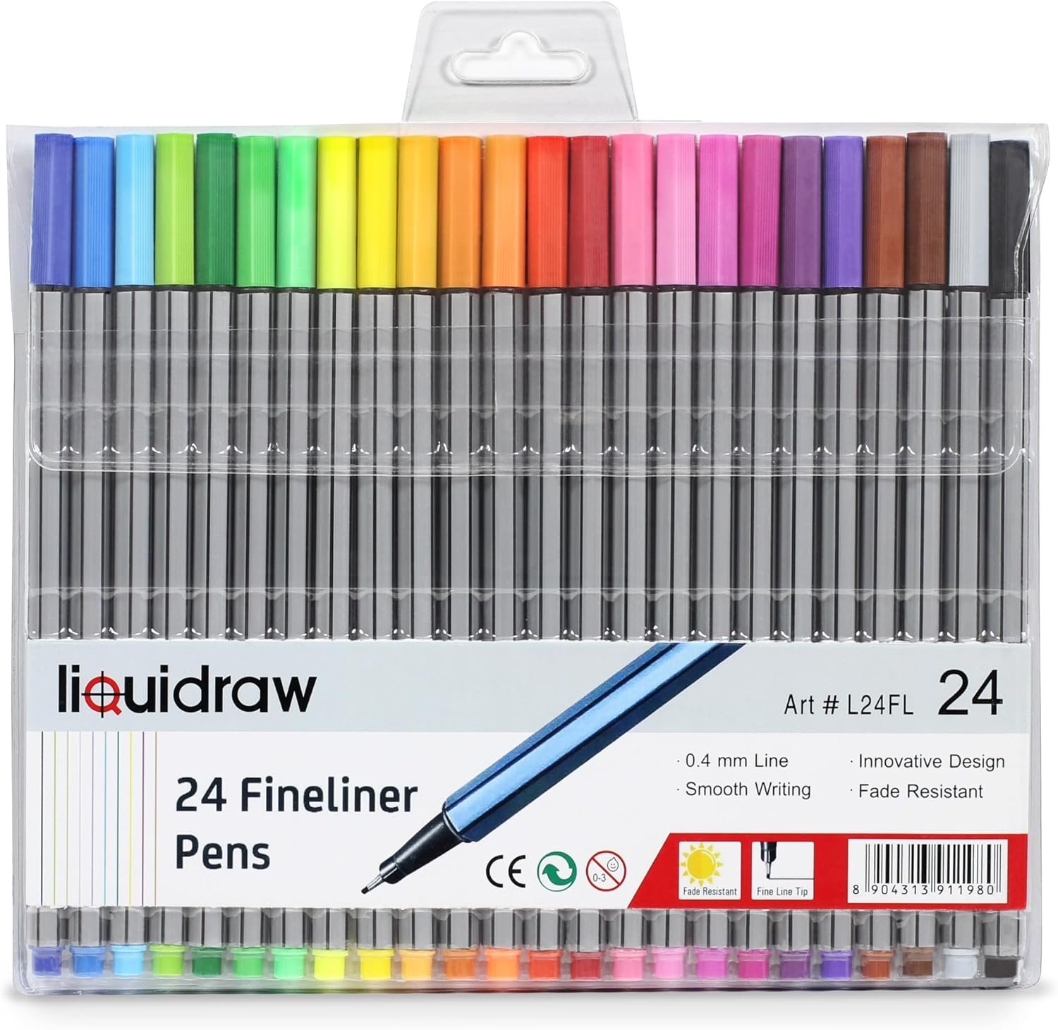 Liquidraw Fineliner Colouring Pens - 24 Pack | 0.4 mm Fine Tip