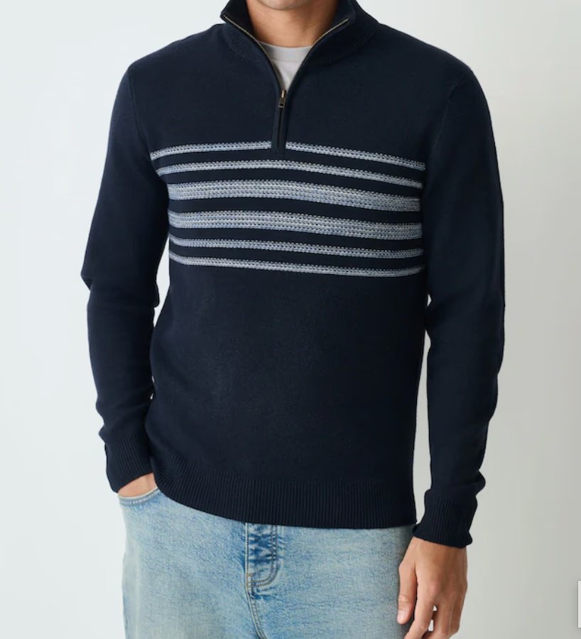 Navy Blue Regular Fit Essential Chest Block Stripe Quarter Zip Neck Jumper