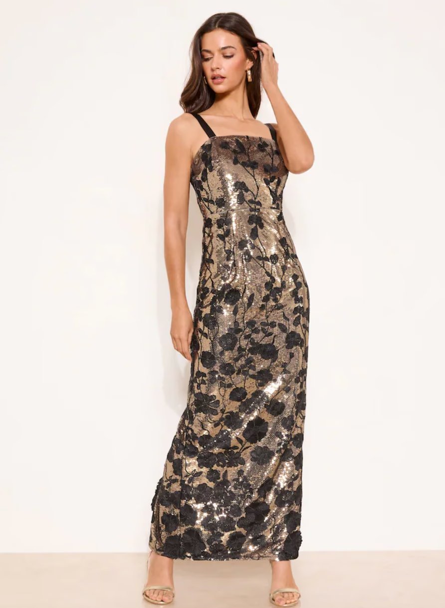 Next | Lipsy Bronze Premium Floral Embriodered Sequin Maxi Bodycon Dress