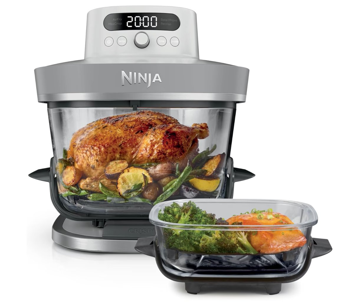 Ninja CRISPi PRO XL Glass Air Fryer, 5 Preset Cooking Functions, Includes 5.7L and 2.3L CleanCrisp Glassware Cooking Containers and Storage Lids, White AS090UKWH