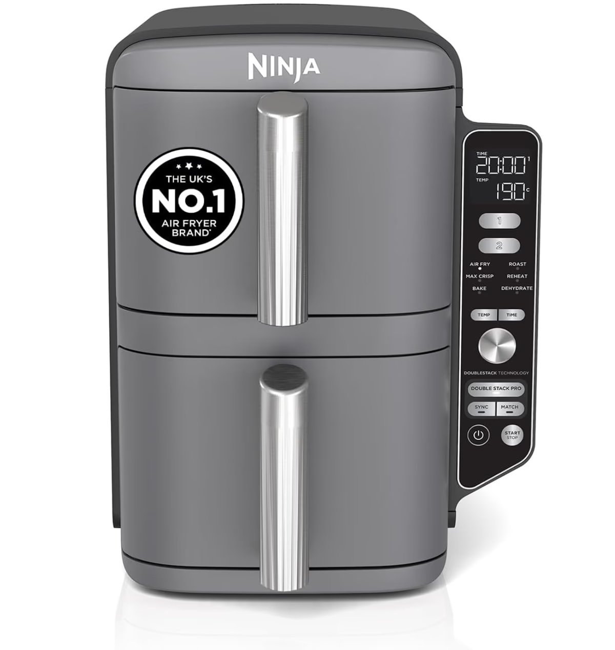 Ninja Double Stack XL Air Fryer, Vertical Dual Drawer AirFryer with 4 cooking levels, 2 Drawers and 2 Racks, Space Saving Design, 9.5L Capacity, 6 Cooking Functions, 8 Portions, Grey, SL400UK