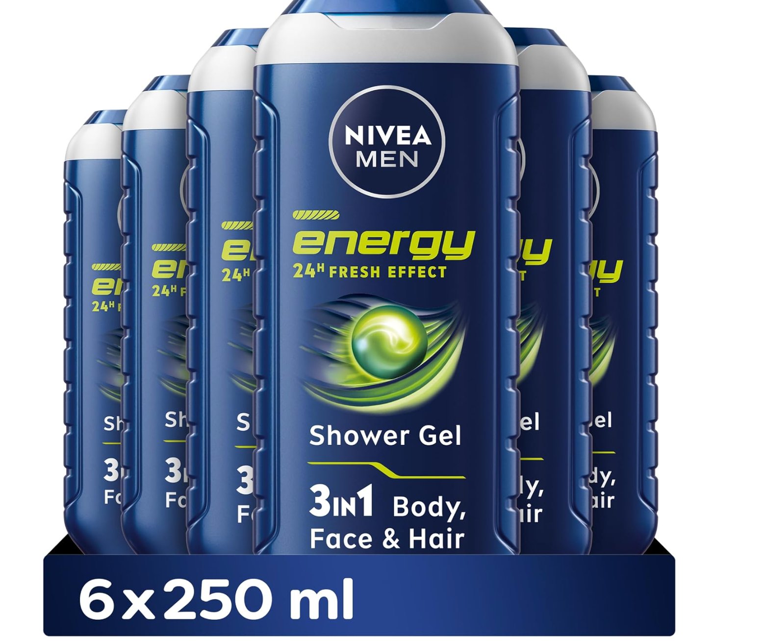 NIVEA MEN Energy Shower Gel Pack of 6 (6 x 250 ml), Moisturising 3-in-1 Body Wash for Men with Mint Extract, Energising NIVEA MEN Shower Gel