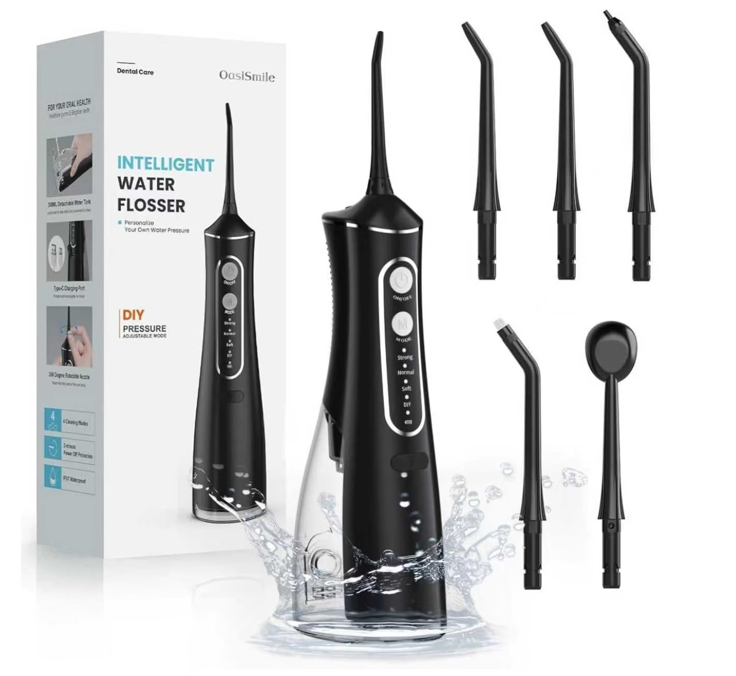 OasiSmile Water Flosser for Teeth Cleaning, 300ML Cordless Oral Irrigator with DIY Strength, 4 Modes & 5 Jet Tips, 30-Day Battery Life, IPX7 Waterproof Dental Flosser for Braces, Travel & Daily Care