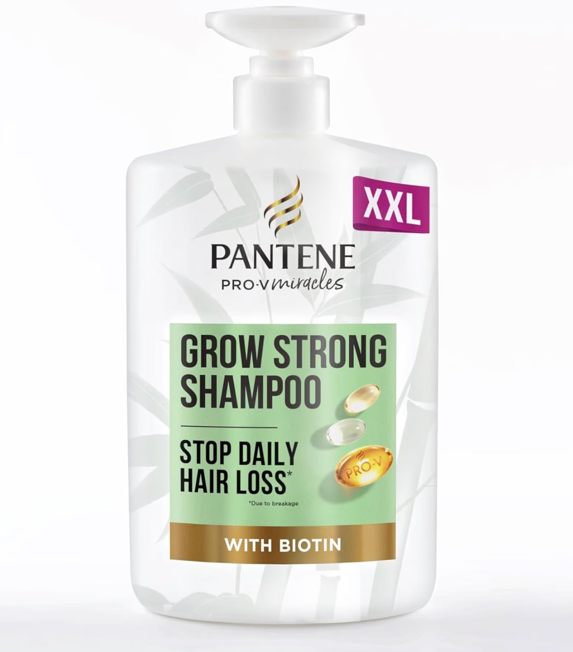 Pantene Grow Strong Shampoo with Biotin & Protein Strengthener 1L XXL pump. Helps Reduce Hair Loss Due to Breakage for Hair that Grows Long & Strong. For Dry Damaged Hair, helps promote hair growth.