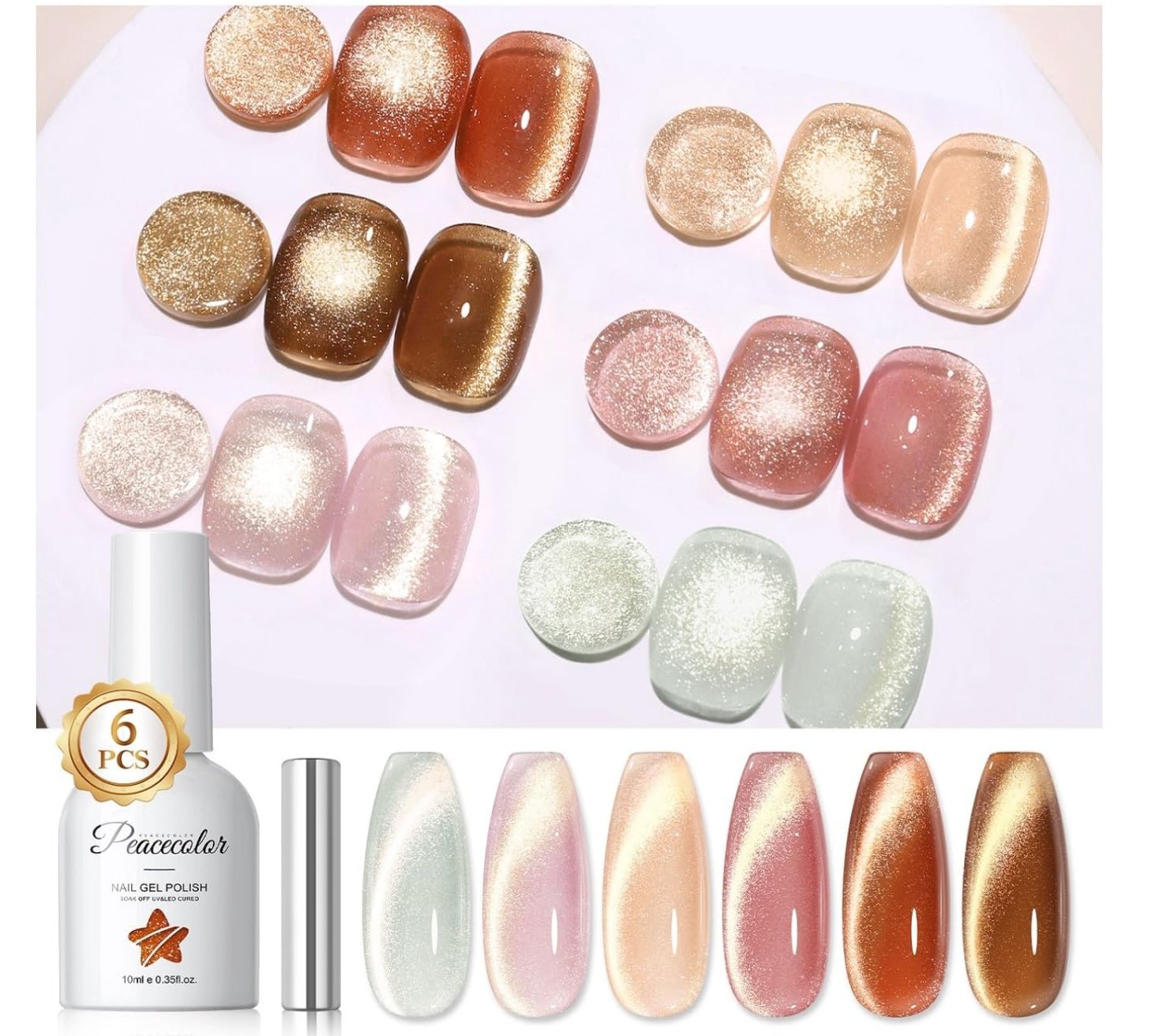 PEACECOLOR Cat Eye Gel Nail Polish, 6 Colours Golden Brown Pink Green Magnetic Soak-Off UV 10ml