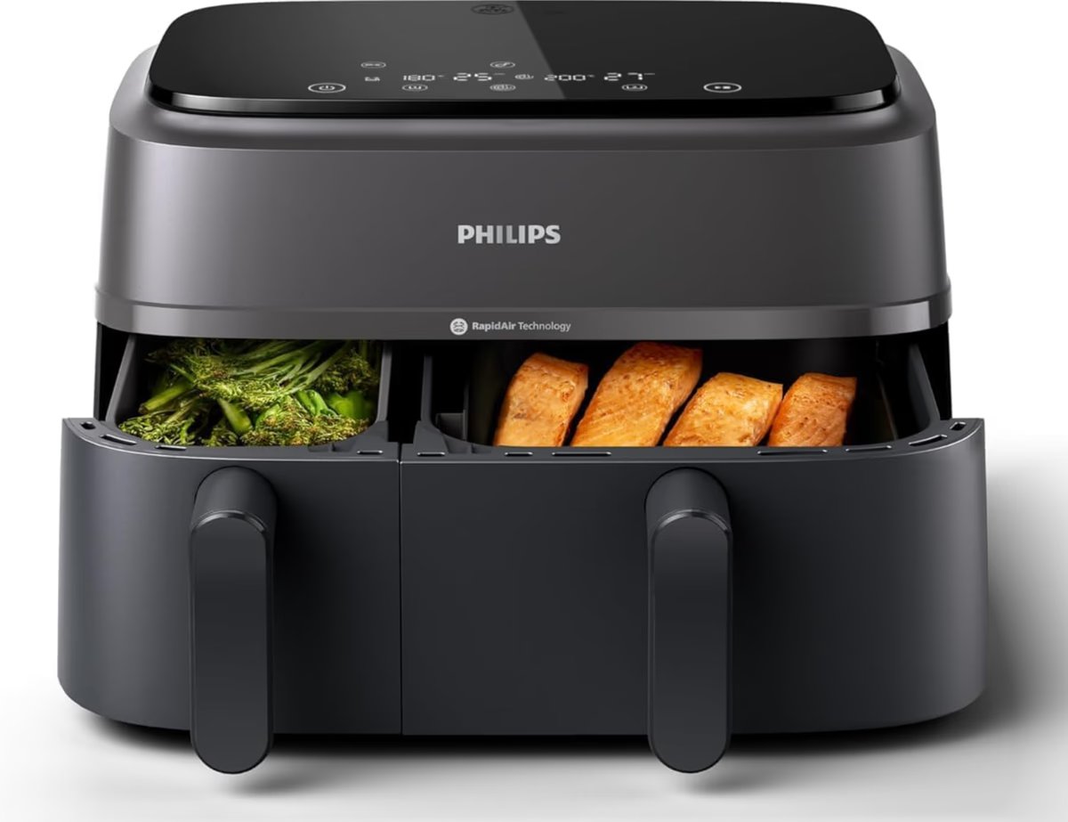 Philips Airfryer 3000 Series Dual Basket - 2 Drawer Air Fryer, 3L + 6L Capacity, RapidAir Plus Technology, 13 Ways to Cook, 90% Less Fat, Easy to Clean, Digital Touchscreen, Energy Saving (NA350/00)