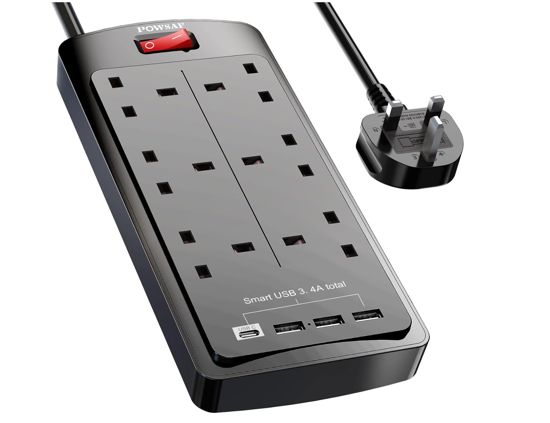 POWSAF 6 Way Extension Lead with 4 USB Slots (3.4A, 1 Type C and 3 USB-A Ports)