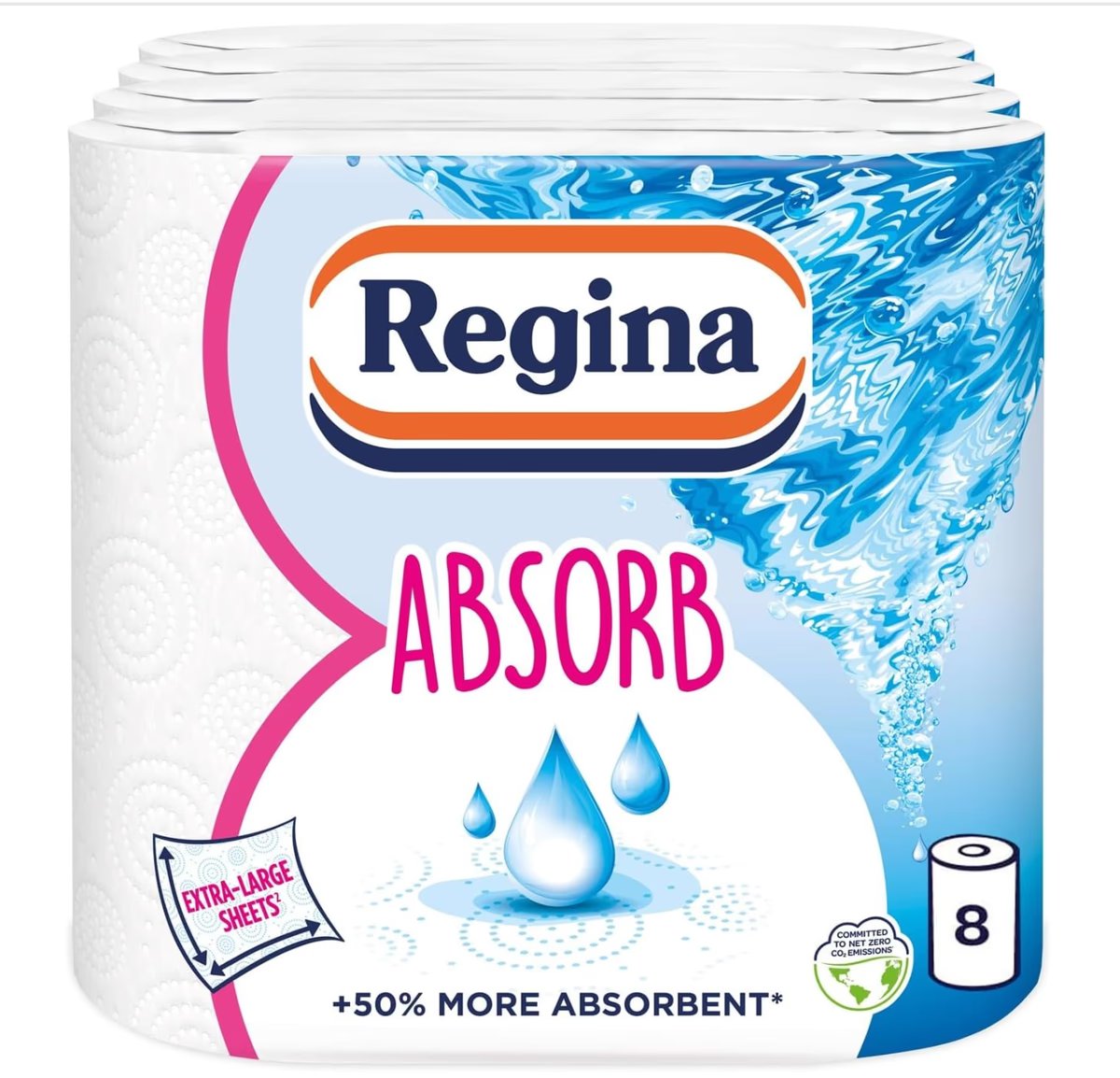 Regina Absorb Kitchen Towels, 8 Rolls, Super Absorbent 2-Ply, 75 Sheets per Roll, Extra-Large Sheets, 50% More Absorbent than Previous XXL Products, Easy Open