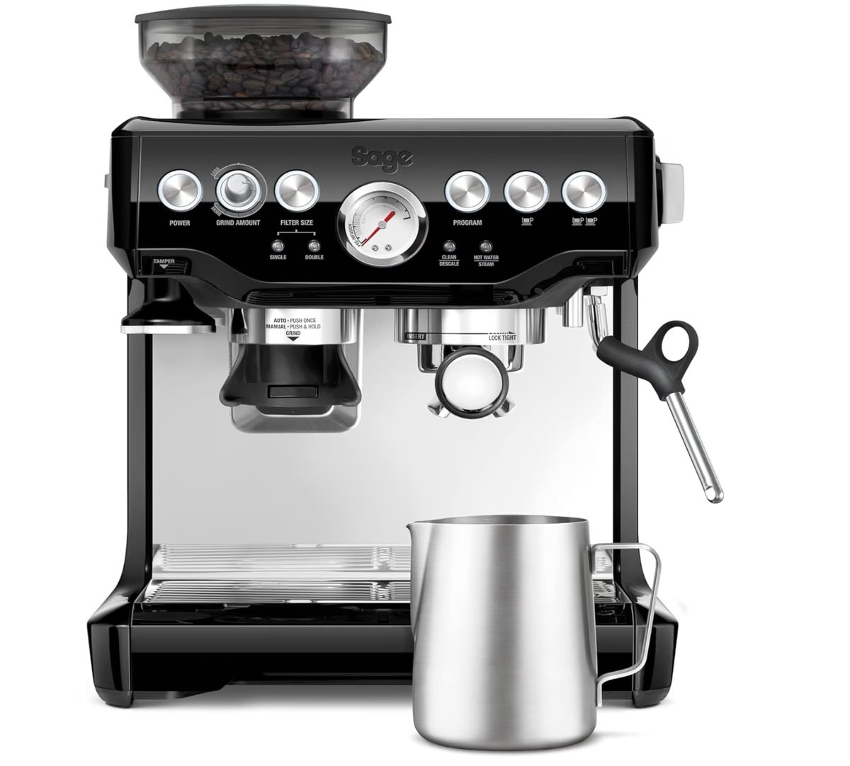 Sage Barista Express, Manual Tamping, Standard Milk Jug, Bean to Cup Coffee Machine with Grinder, Manual Milk Frother, Black Gloss