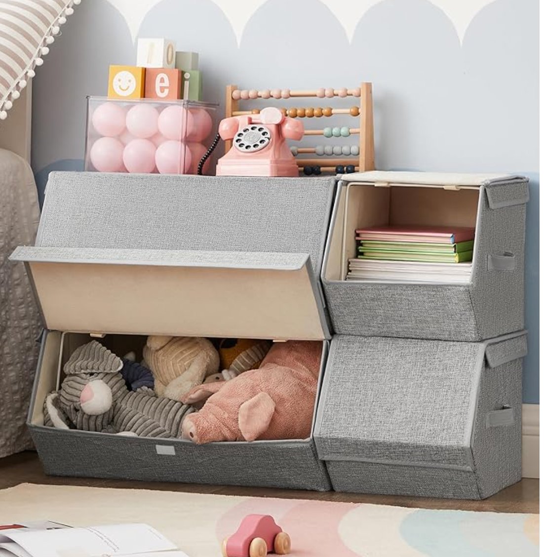 SONGMICS Set of 4 Storage Boxes with Lids, Stackable Wardrobe Storage Organisers, Storage Bins with Magnetic Closures