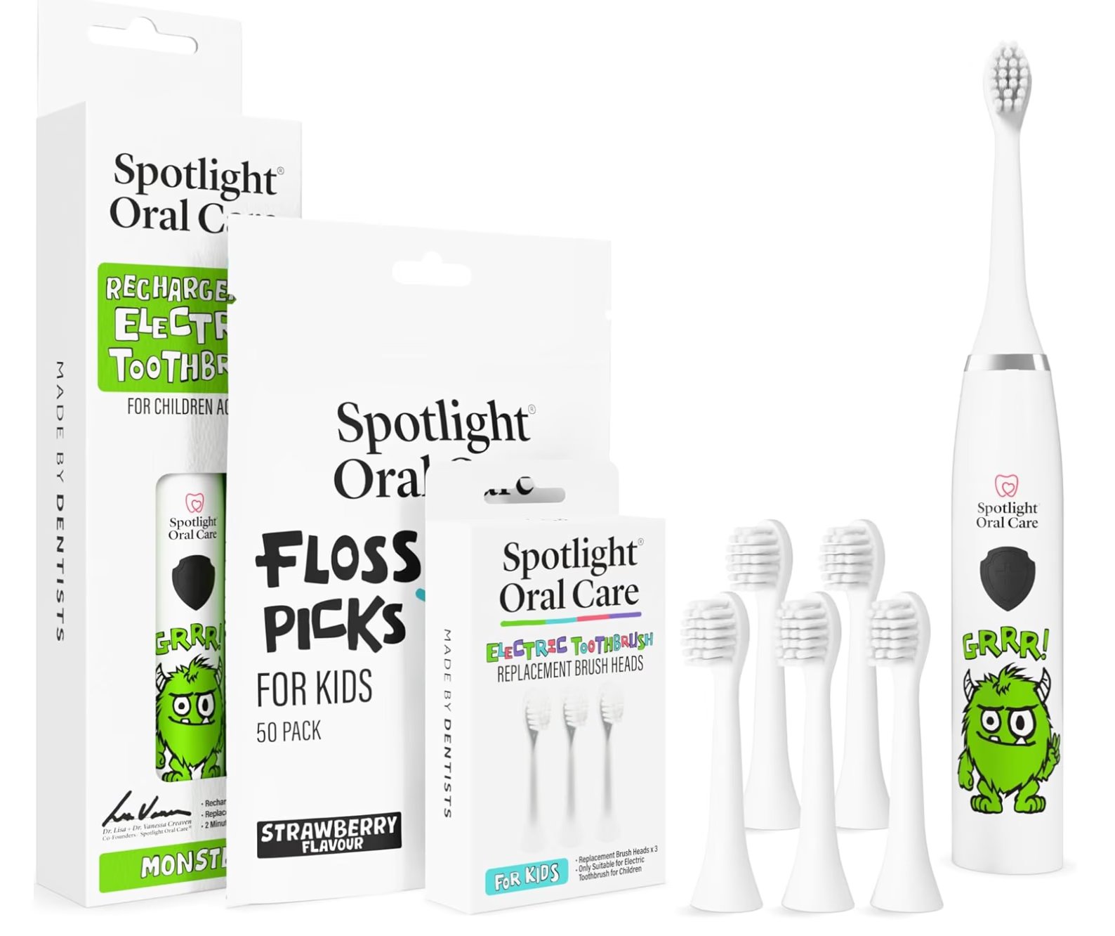 Spotlight Oral Care for Kids Sonic Electric Toothbrush Bundle - Made by Dentists & Mums | Gentle Sonic Cleaning with 6 Replacement Heads & Floss Picks | Enamel-Safe, Rechargeable Kids Toothbrush