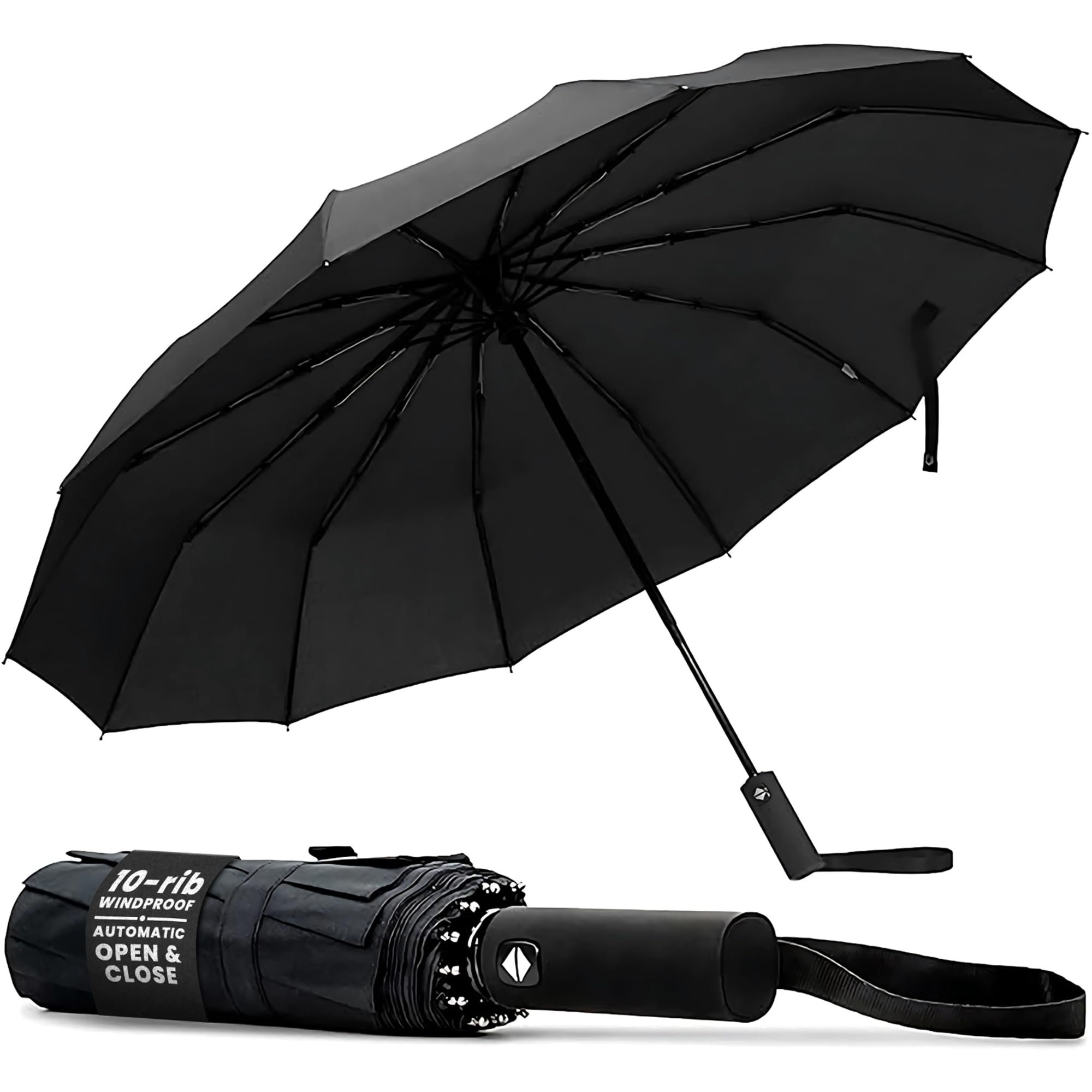 TANNESS Windproof Umbrella – 10-Rib Waterproof & Compact with Automatic Open/Close Function - Black or Grey