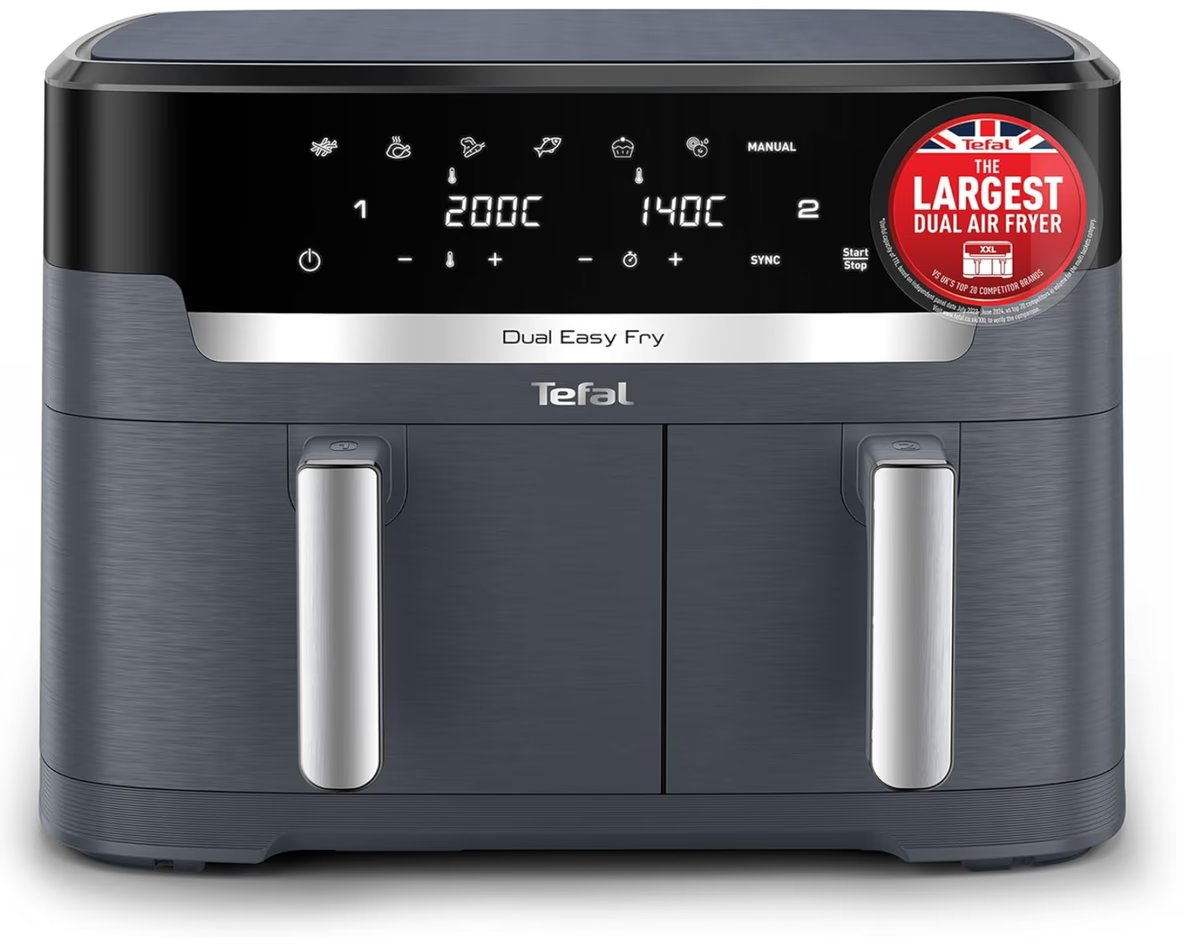 Tefal Easy Fry XXL Dual Zone Digital Air Fryer, 2 Drawers, 11L, 8in1, Air Fry, Extra Crisp, Roast, Bake, Reheat, Dehydrate, 7 Pre-set Programs, Dishwasher Safe Baskets, Java Grey - EY942BG0