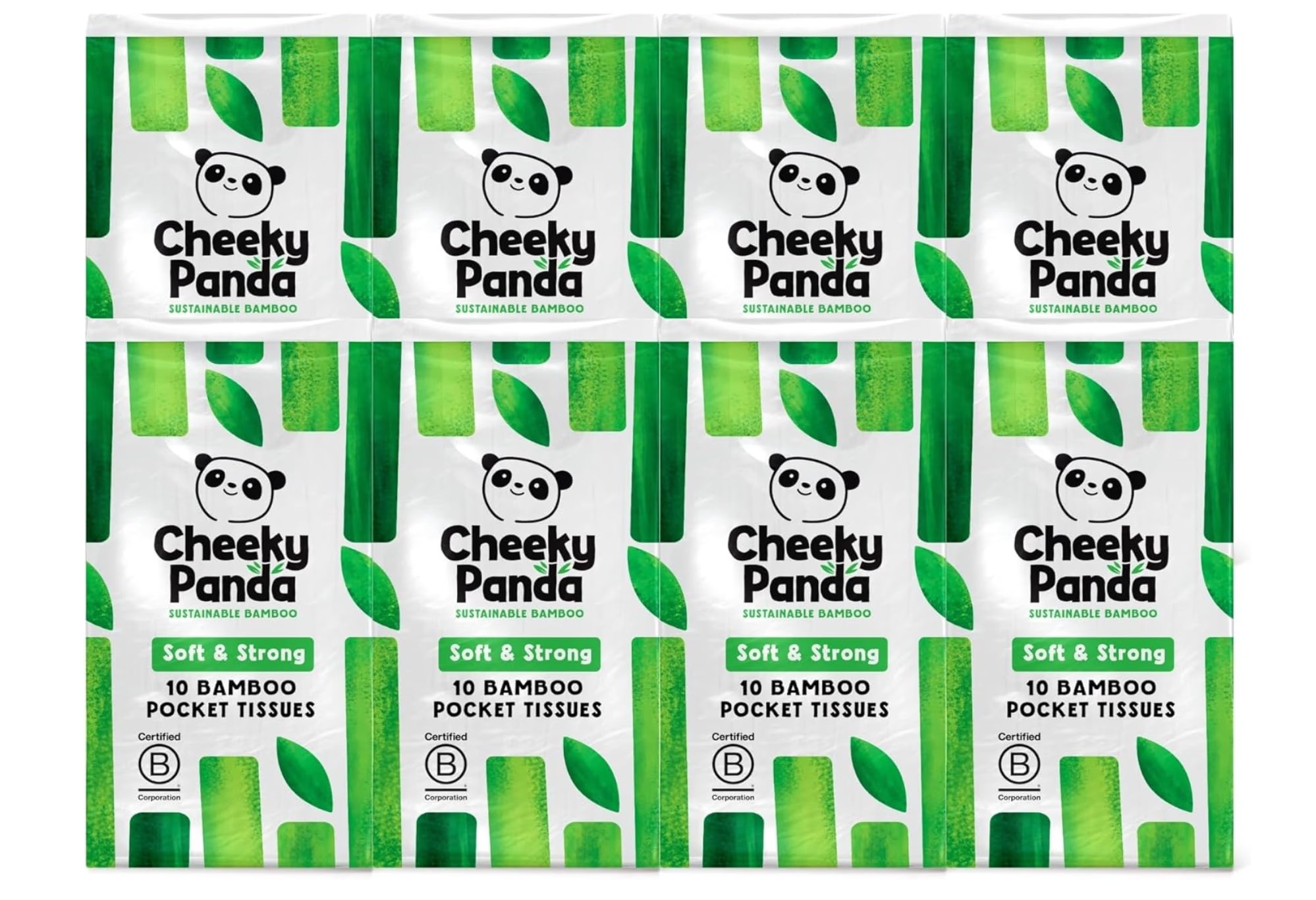 The Cheeky Panda Bamboo Pocket Tissues, 8 Pack of 10 Hypoallergenic Tissues, Ultra Soft, 3-Ply, White, Travel Size