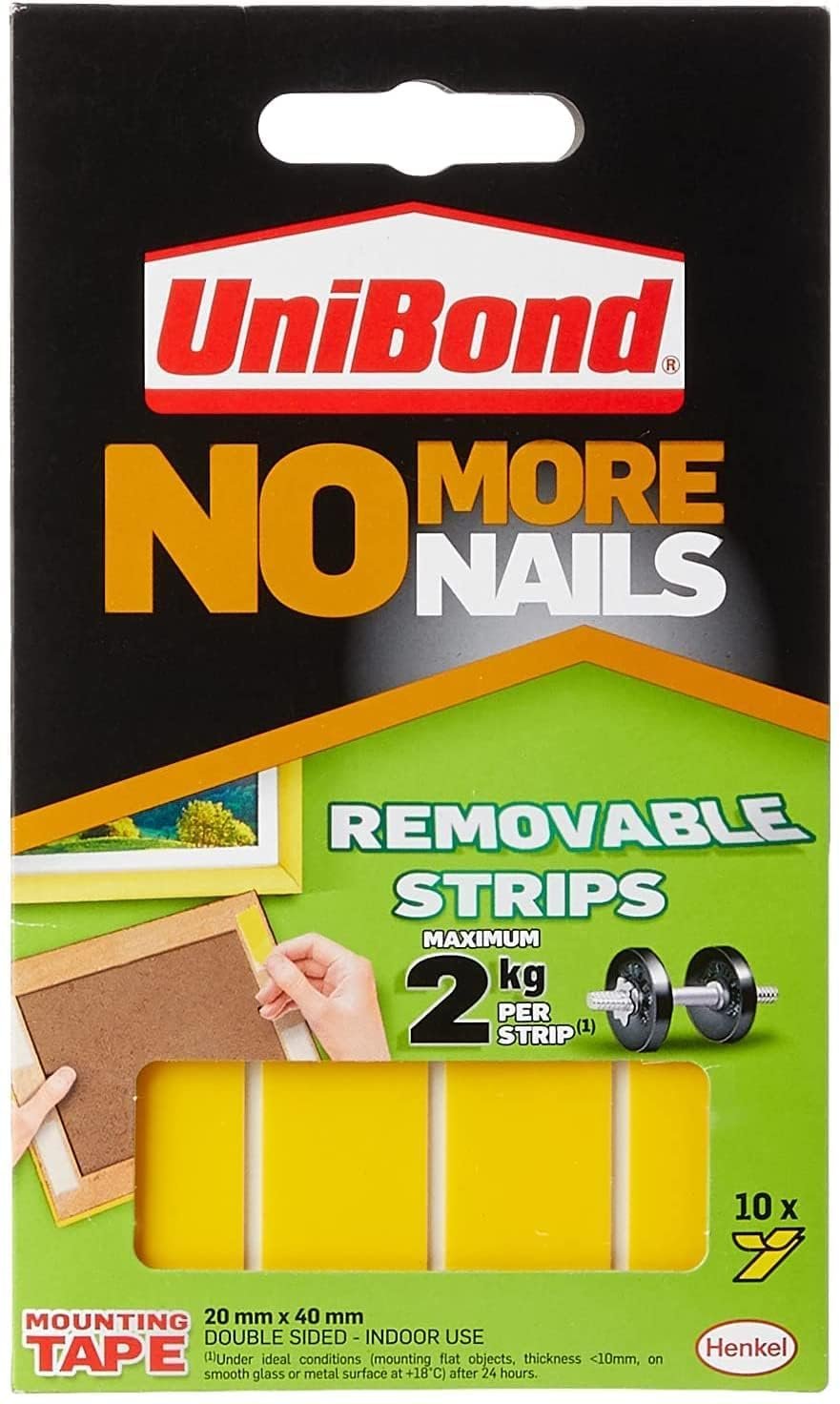 Unibond No More Nails Removable Picture Hanging Strips, Double Sided Sticky Tape for Interior Use, Translucent Tape, Pack of 10