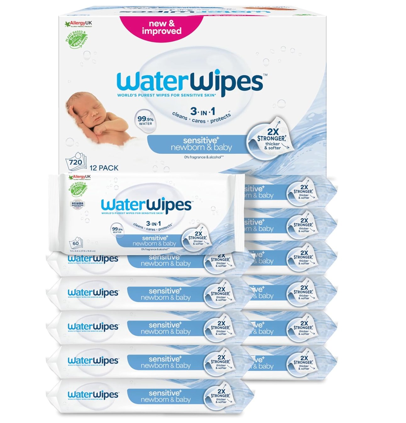 WaterWipes Sensitive+ Newborn & Baby Wipes, 720 Count (12 Packs), 3-In-1 Cleans, Cares, Protects, 99.9% Water, Unscented