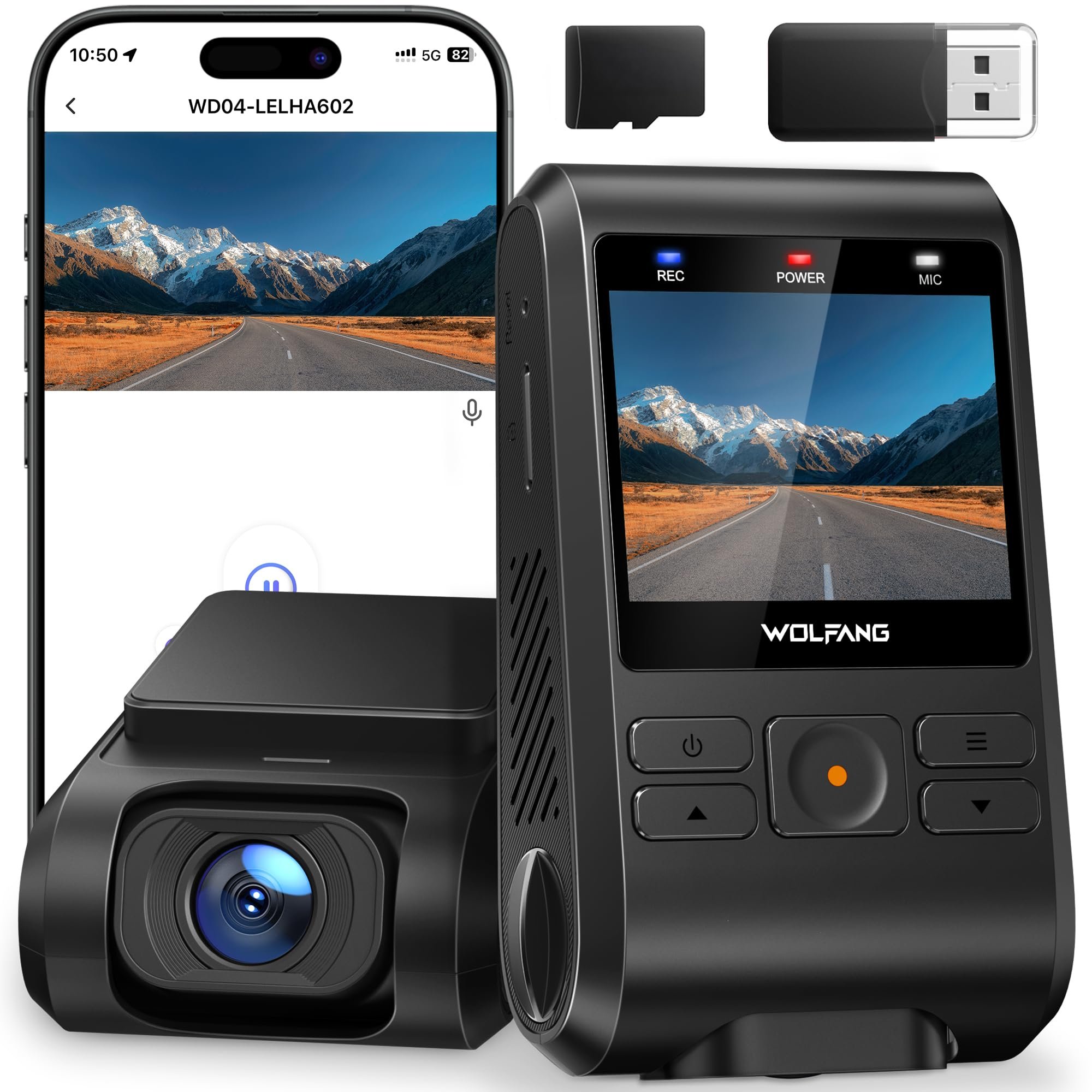 WOLFANG Dash Cam Front, 1440P Mini WiFi DashCam for Cars